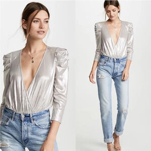 Retrofete Jophiel Bodysuit Long Sleeve Silver X Small Puff Sleeve Metallic